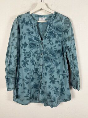 Hot Cotton Womens Blue Teal Floral Button Down Shirt Blouse Top Large Lagenlook